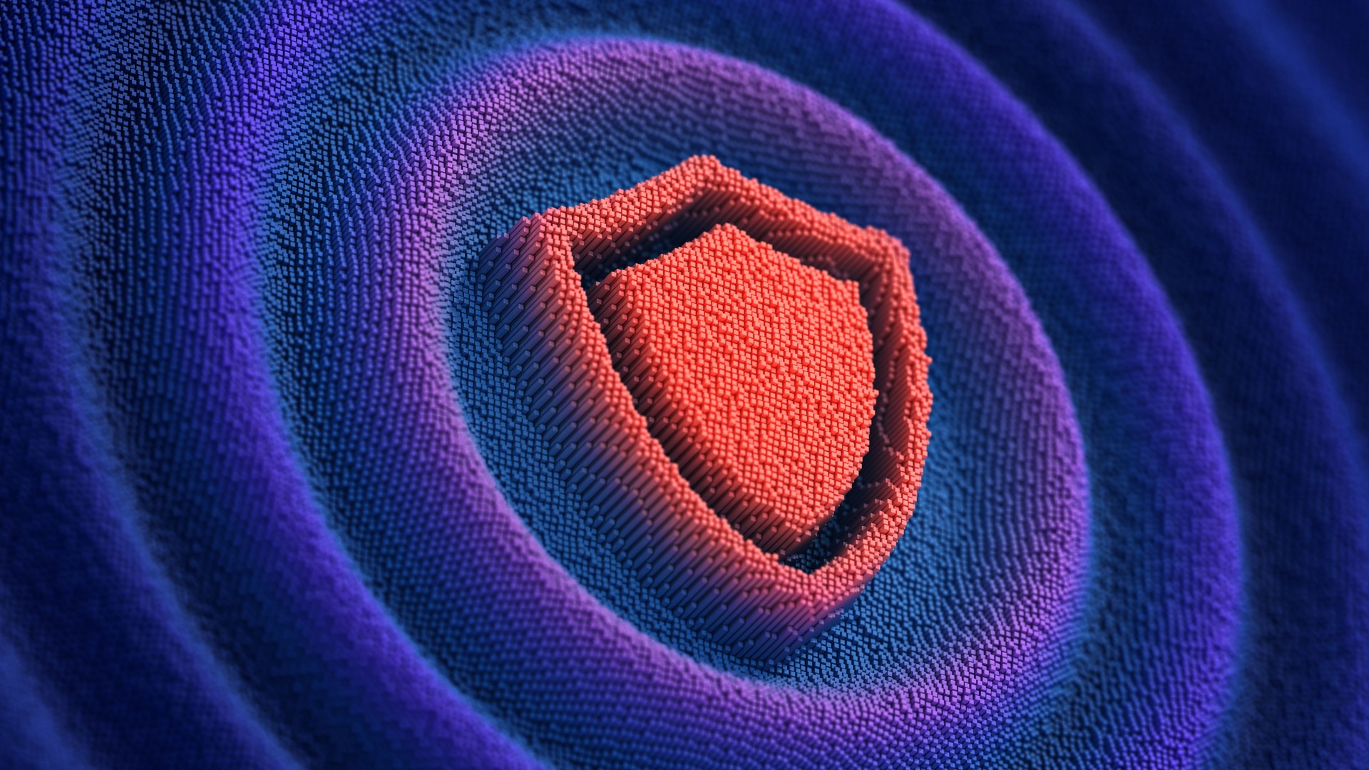 Signe de bouclier sur le fond ondulé bleu pixelisé. Protection des données massives et sécurité d’Internet. Illustration 3D